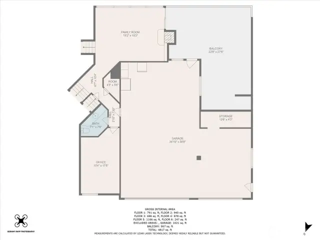 Garage, office and family room.