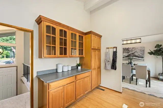 The cabinet on the end has pull out drawers- perfect for your pantry.