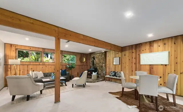 Super cute real knotty pine rec room is expansive.
