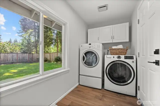 Laundry with a view! Door leads to the oversized 2-car garage with workspace!