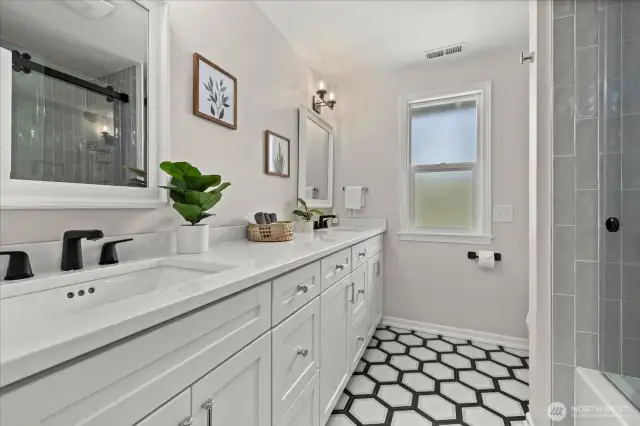 Newly updated guest bathroom! Extra large vanity - amazing counterspace and storage!
