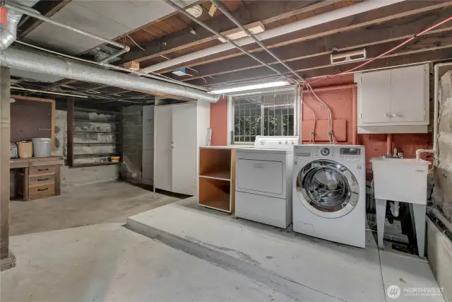 A basement to be proud of!  Laundry and door to backyard just to left.  8' ceilings.