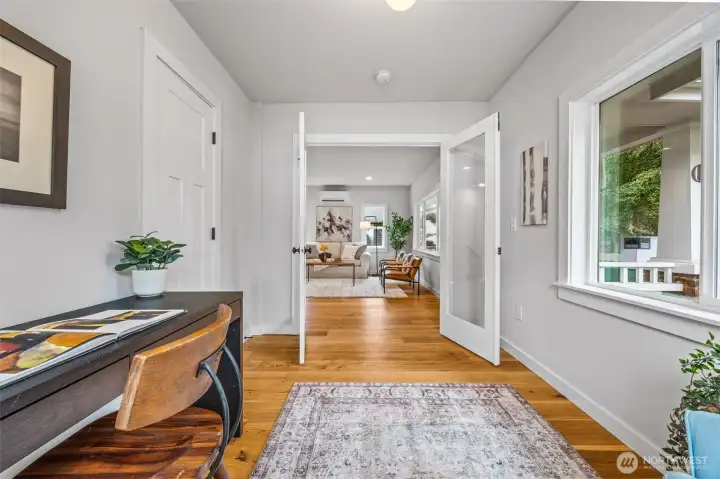 Light-filled office with French doors is the perfect work-from-home environment.