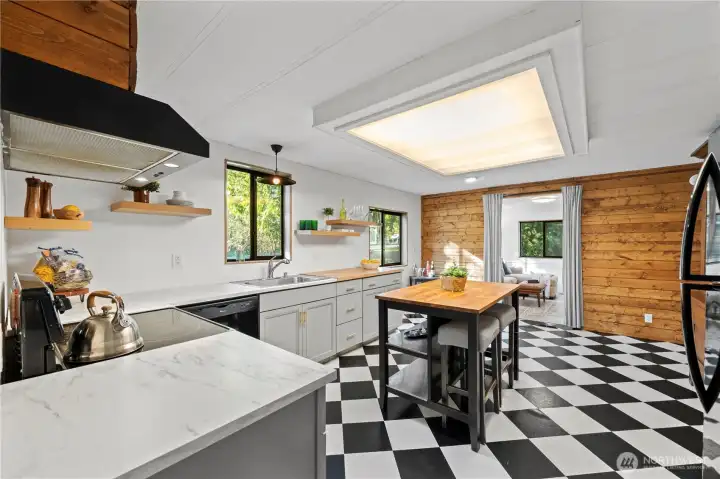 Bright kitchen island with electricity.