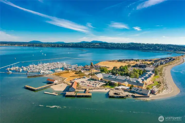 Semiahmoo Spit with the marina for boat moorage, walking/running trails, beach access parks, docks and board walks, with Semiahmoo Hotel Resort & Spa, featuring restaurants and bars, and amazing views.