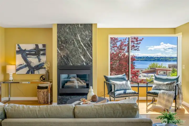 Gas fireplace, marble and granite finishes and look at that view!