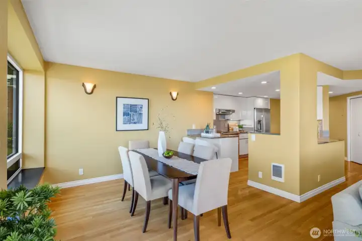 There is a small 2 top bar seating on the far end of the kitchen.