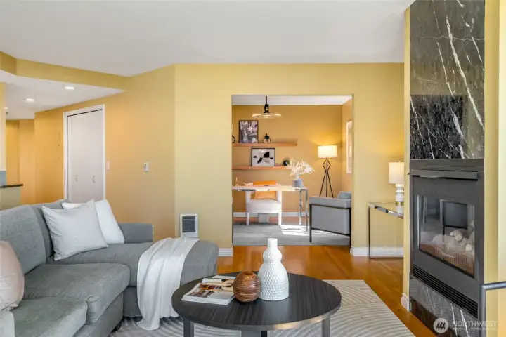 The 3rd bedroom is an open office- doors can be added for a fully private room- has it's own windows and built-in storage.