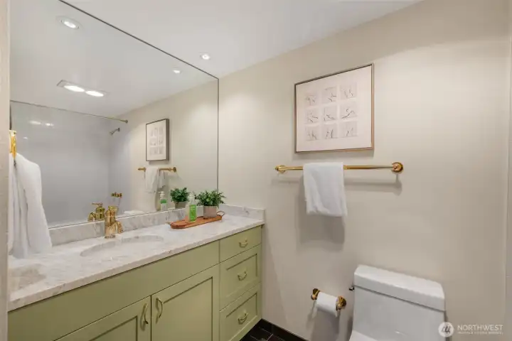 The full guest bathtub with a jetted bathtub.