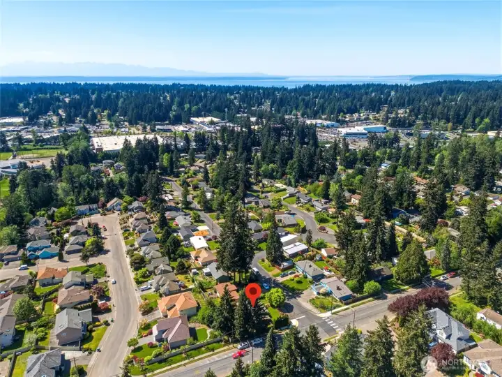 Stunning aerial view showing the surrounding neighborhood with glimpses of Puget Sound and distant mountain ranges.