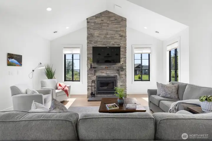 Living room Wood Burning ledgestone Fireplace