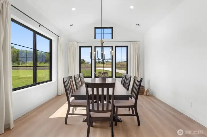 Dining room with walls of windows.
