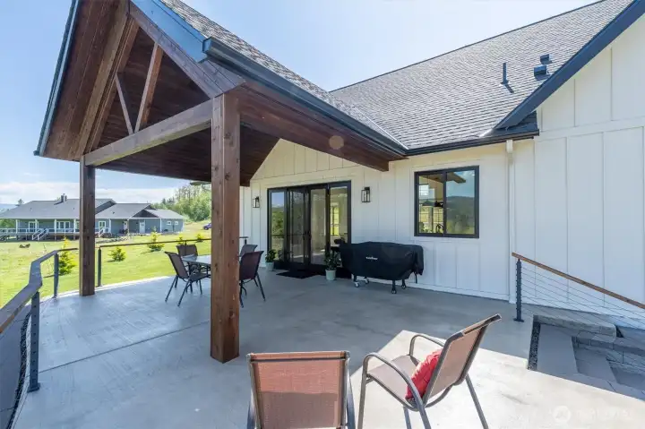 View of the covered patio. Timber Trusses