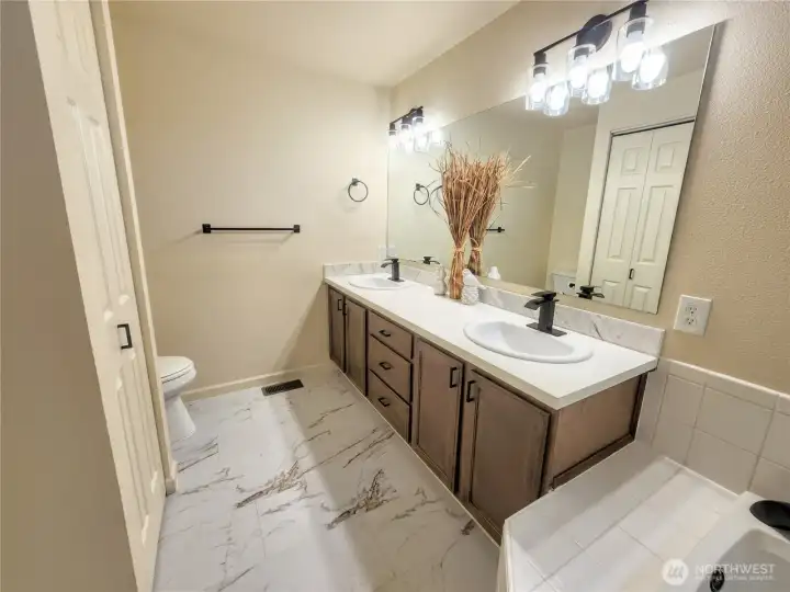 Double basin primary bath with quartz counter.