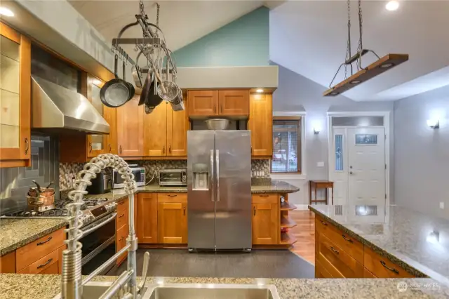 Overhead pots and pan rack for cooking.