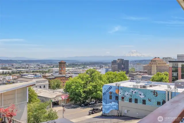 City and Mt Rainier views from rooftop deck.