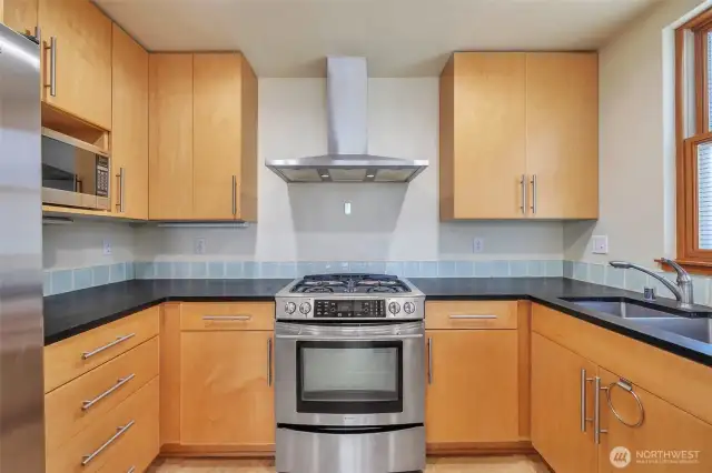 Stainless steel appliances, attractive cabinetry, Richlite countertops and Marmoleum flooring in kitchen.