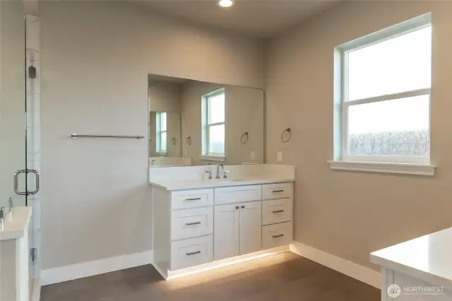 Primary bath with double vanities, like home