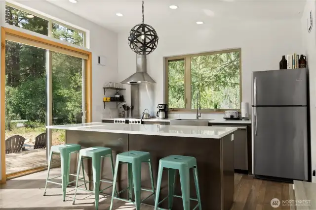 Sleek, modern kitchen with stainless steel appliances, quartz countertops, and large picture windows overlooking the forested setting.