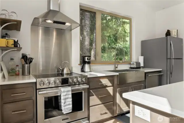 Chef-inspired kitchen — Stainless steel finishes, gas range, and forest views over the sink.