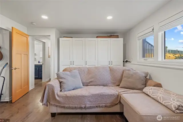 Looking toward the closet space in the lower level bonus/family room