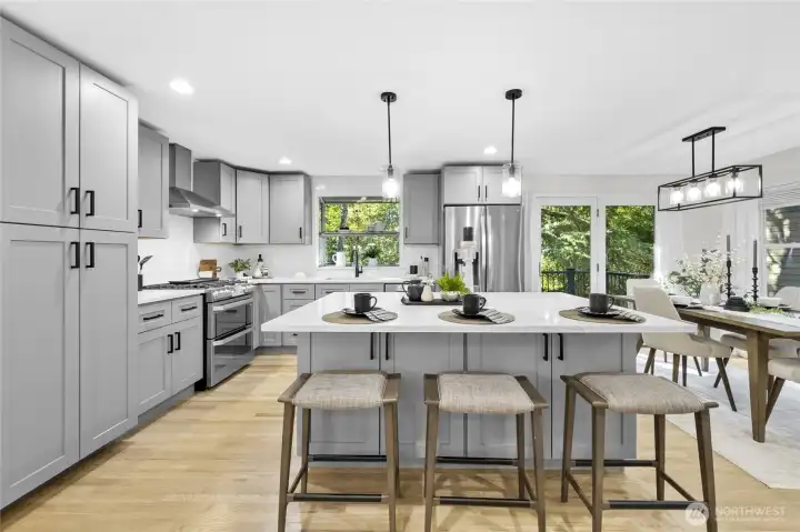 Chef inspered Kitchen with Quartz topped island for eating and work space.