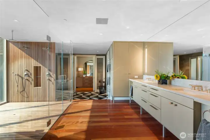 6-inch walnut floors transition to slatted Ipe.