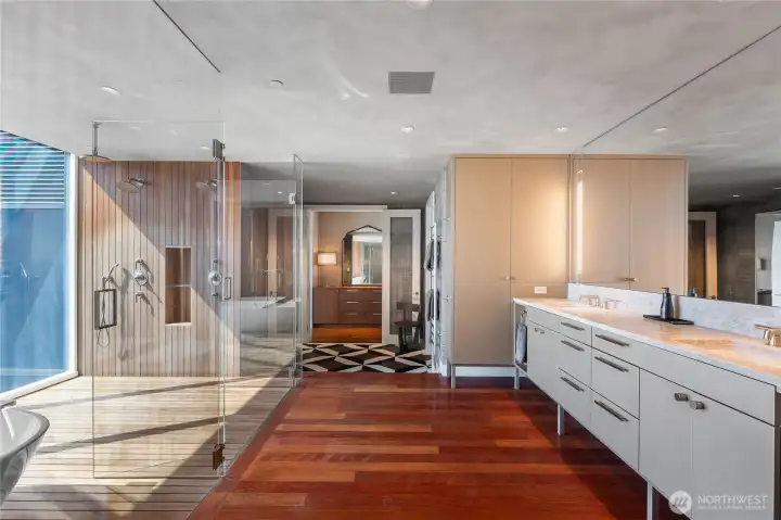 6-inch walnut floors transition to slatted Ipe.