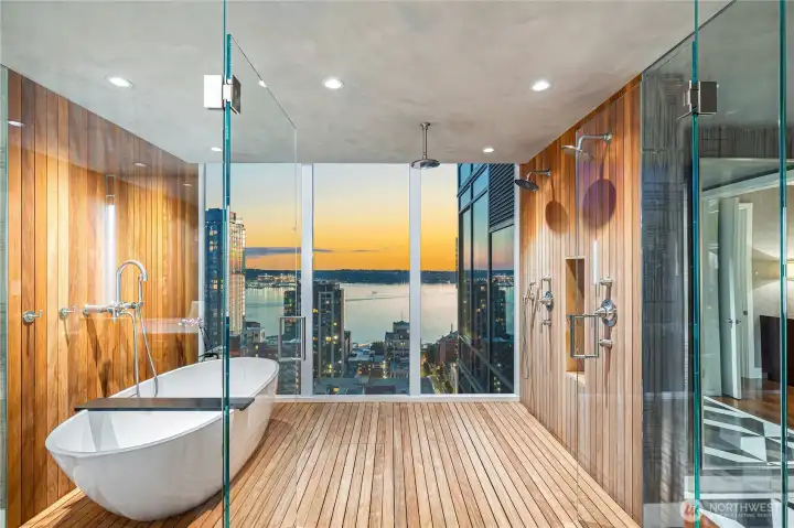 Choose your respite: Wetstyle soaking tub or one of three shower heads. In any case, the view is stunning. Notions of privacy? Keep clicking...