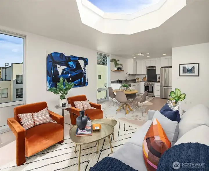 Custom octagonal skylight in living room