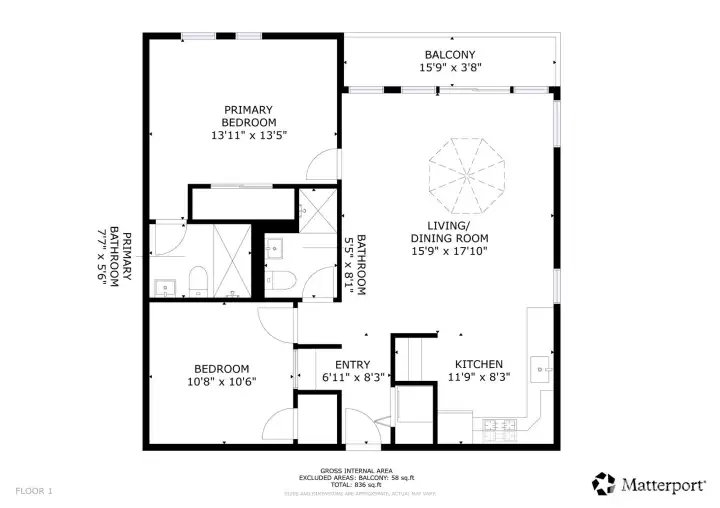 Layout allows for privacy between the set sets of bedrooms & baths. After remodel, home interior now measures 835 sq. ft. vs. prior 823 sq. ft.