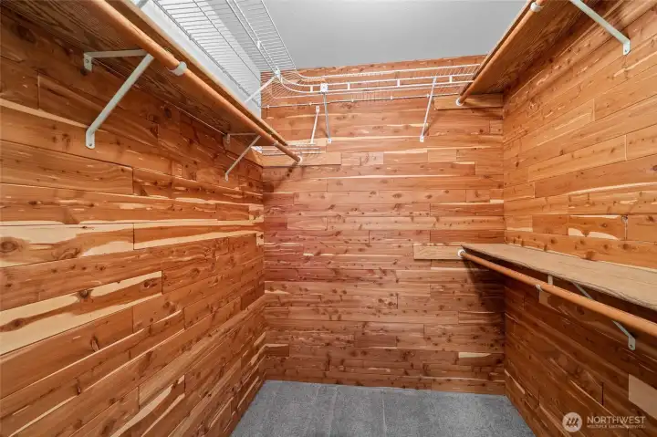 Beautiful cedar closet in primary bedroom.