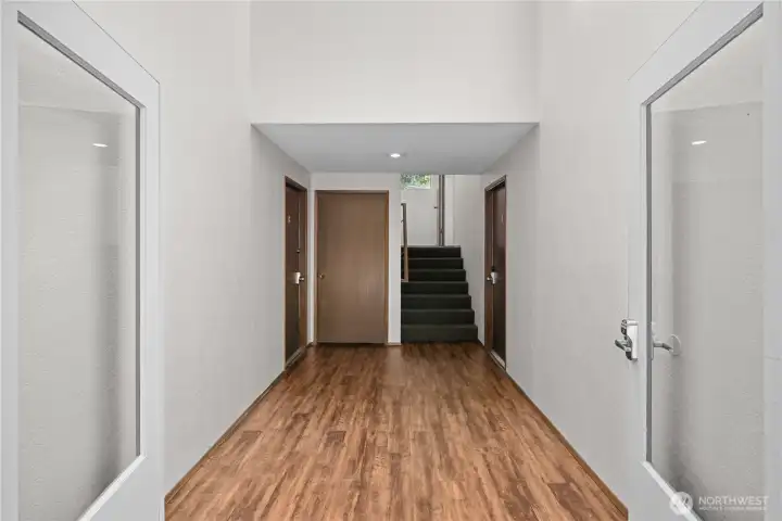Front entry. Unit A on the right and Unit B on the left. Units C and D are upstairs. Similiar units floorplans are stacked in the building. Front entry. Unit A on the right and Unit B on the left. Units C and D are upstairs. Similiar units floorplans are stacked in the building.