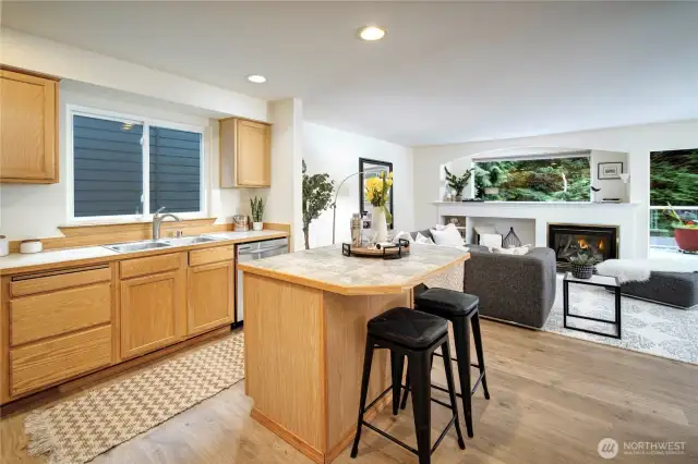 stylish granite peninsula with seating for casual meals.