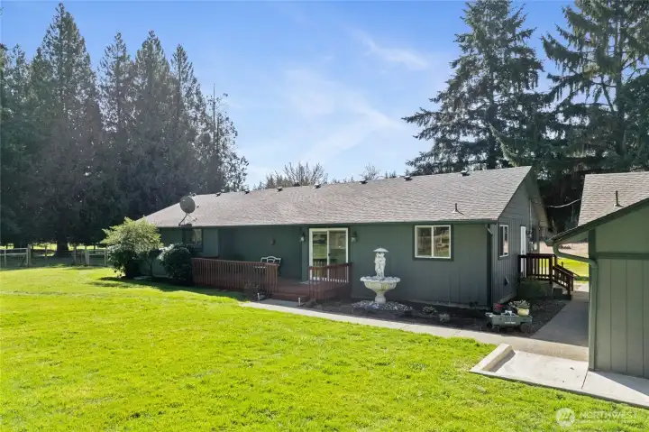 Enter through the door across the garage or the sliding glass doors on the front porch.