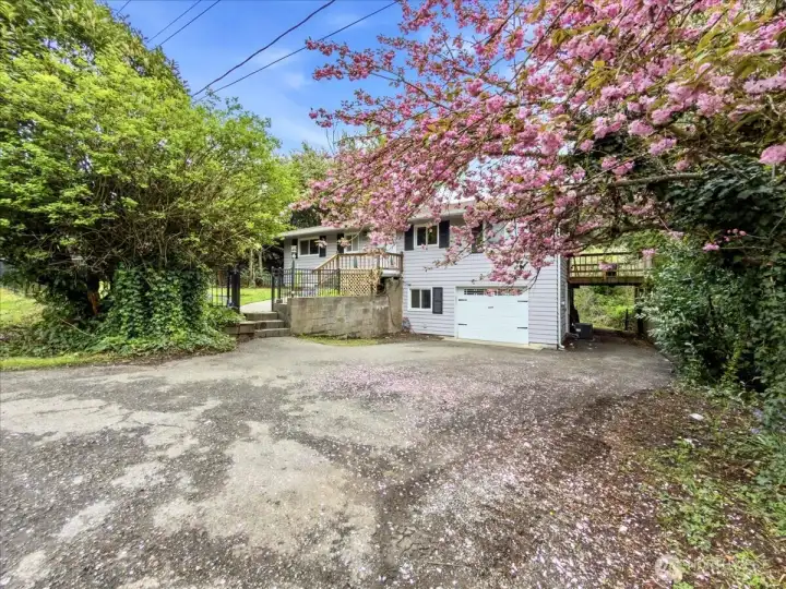 Front of home with lots of parking. Partially fenced.