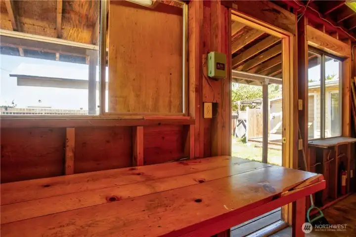Great work benches inside shed