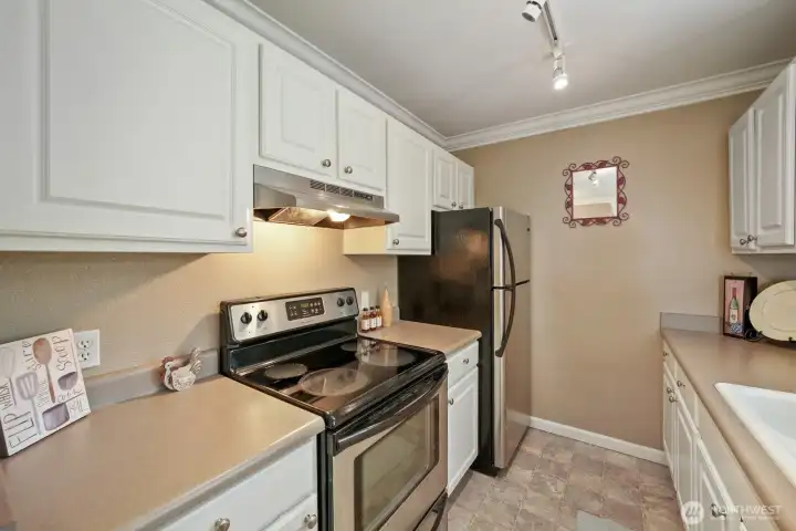 Modern kitchen with stainless steel Frigidaire appliances, ample cupboard & counter space