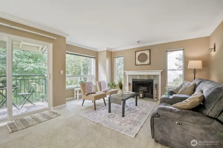 Such a perfect, cozy, tranquil lifestyle.  Gorgeous wall of vinyl windows to drench the home with sunlight-blinds included on all.  Wood burning fireplace with tile surround and hearth- ideal for those colder days