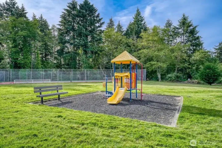 One play structure near the sport's court- pickleball and tennis