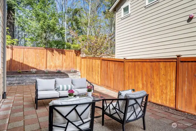Spacious low-maintenance yard with a large paved patio area. Great for entertaining and BBQing.