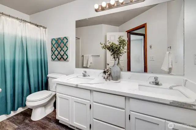 NEW updated guest bathroom with quartz countertop, new vanity and new paint on cabinetry.