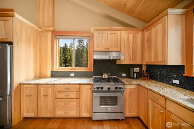 Propane gas range w/professional hood and tons of granite countertops for prep.