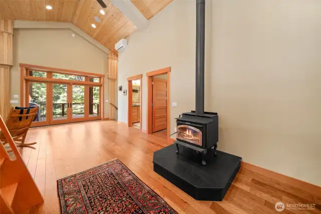 Cozy, warm wood burning stove is perfect for cold winter nights.