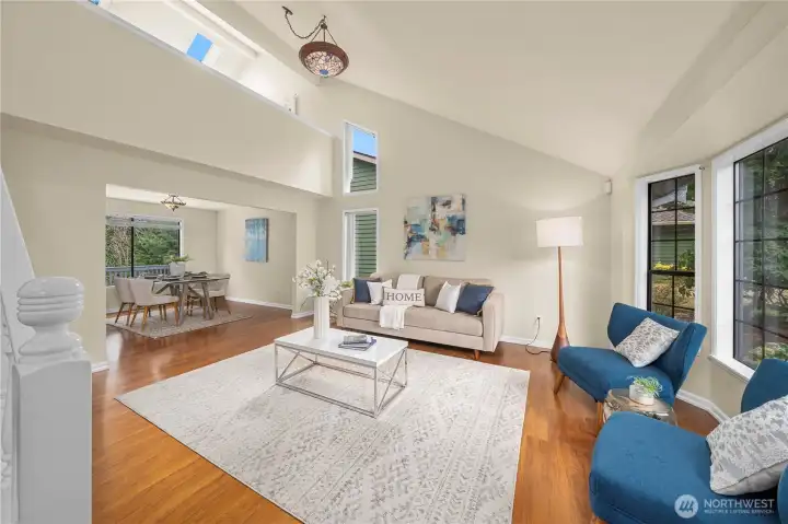 The loft above is open to the living room below.