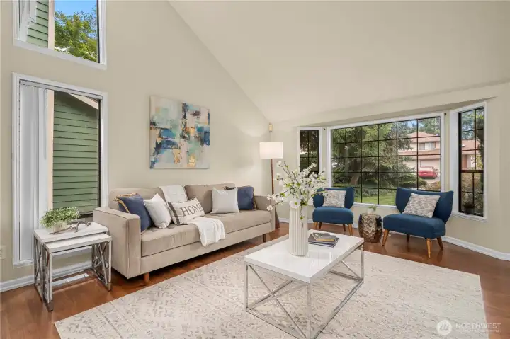 High ceilings give a spacious feeling to the formal living room.