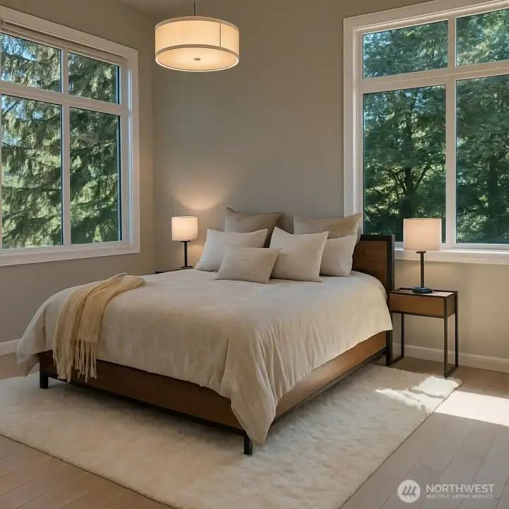 Large primary bedroom with views of lake