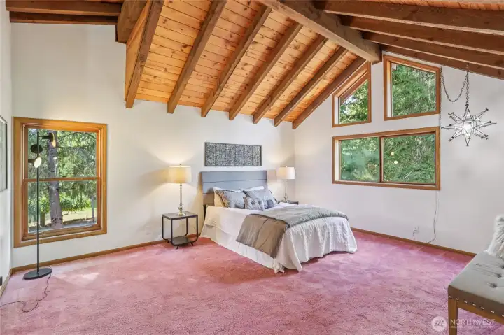 Bright and spacious primary retreat with vaulted ceilings, ensuite bath, and generous walk-in closet