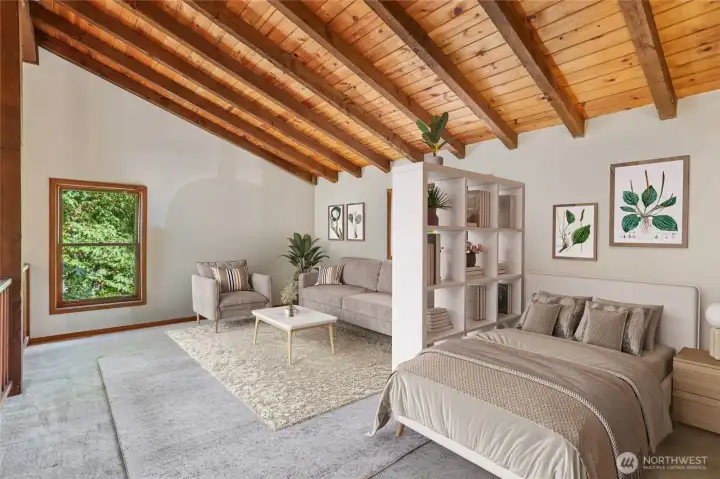 Loft virtually staged as media and bedroom for multi use.