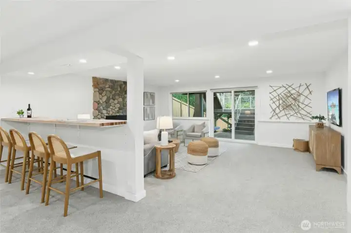 Games, drinks and snacks are a dream with  this maple counter with room for seating.